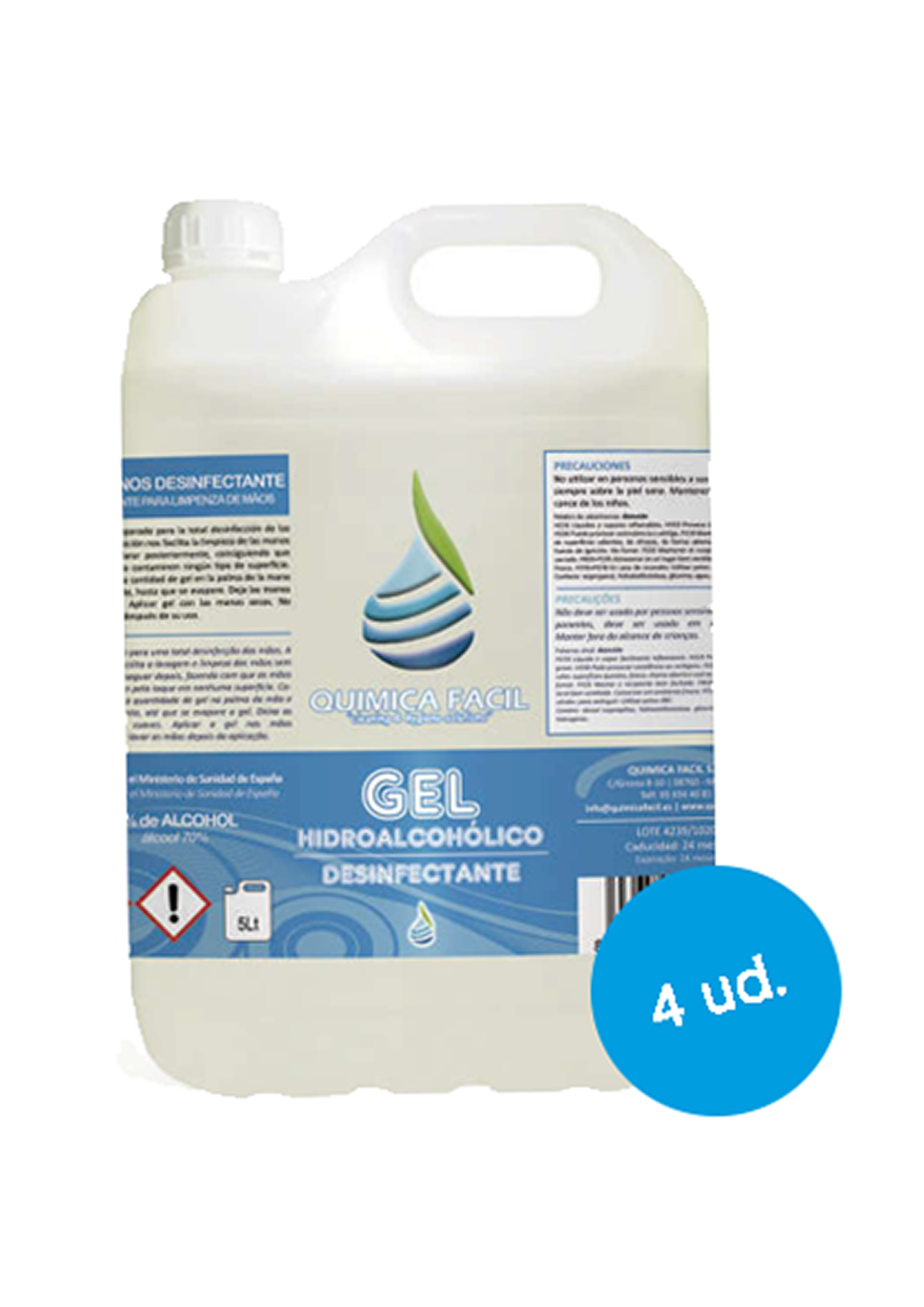 Gel hidroalcohólico desinfectante QUÍMICA FÁCIL 5L - caja de 4 unidades